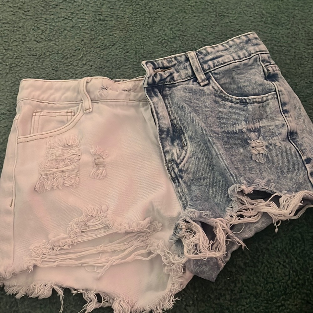 half white have blue denim shorts
